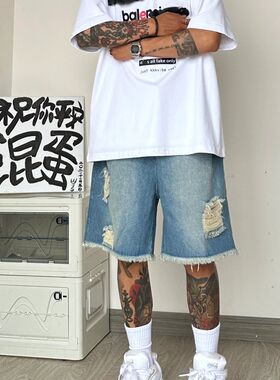 夏季薄款破洞毛边牛仔短裤男美式潮流复古宽松阔腿直筒中腰五分裤