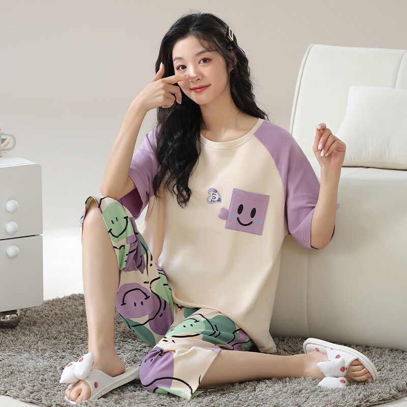 睡衣女夏季针织棉薄款短袖七分裤女装夏装可N出门休闲春家居服套