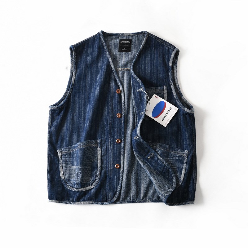 纯棉水洗复古包边撞色牛仔马甲背心男士宽松休闲秋季V领坎肩外套