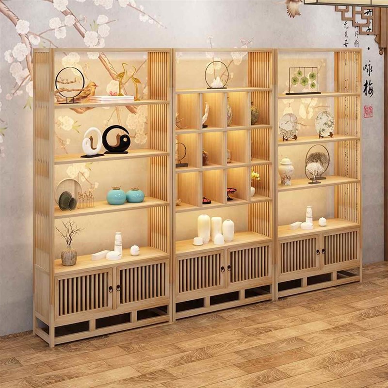 博古架实木新中式茶叶展示柜置物架茶室酒柜现代简约禅意