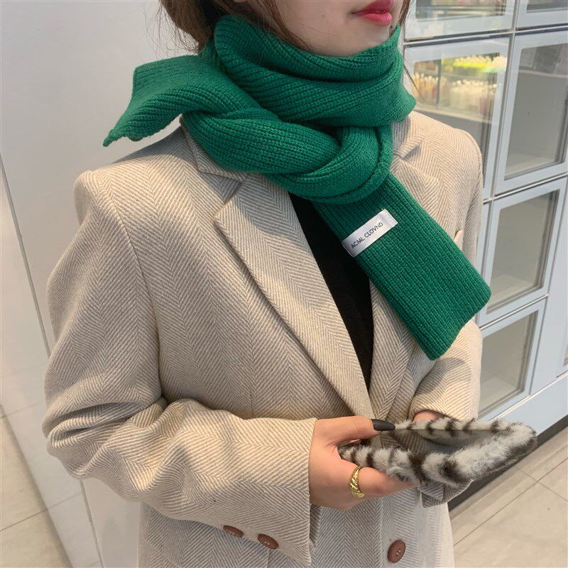 韩版柔软绿色针织百搭马尔斯绿毛线围巾女秋冬季小众纯色围脖情侣