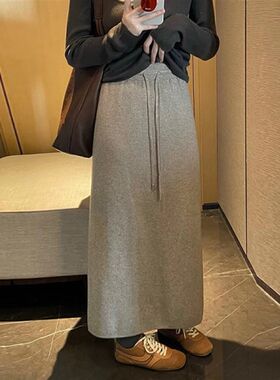 孕妇针织半身裙女秋冬季中长款z无托腹A字纯色开叉直筒裙子小个子