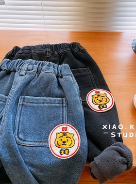 巨好穿~韩版儿i童秋冬季一体绒加绒牛仔裤男童百搭加绒裤宝宝裤子