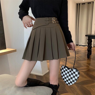百褶裙半身裙秋冬女高腰皮扣a字裙大码J设计感小个子学生褶皱短裙