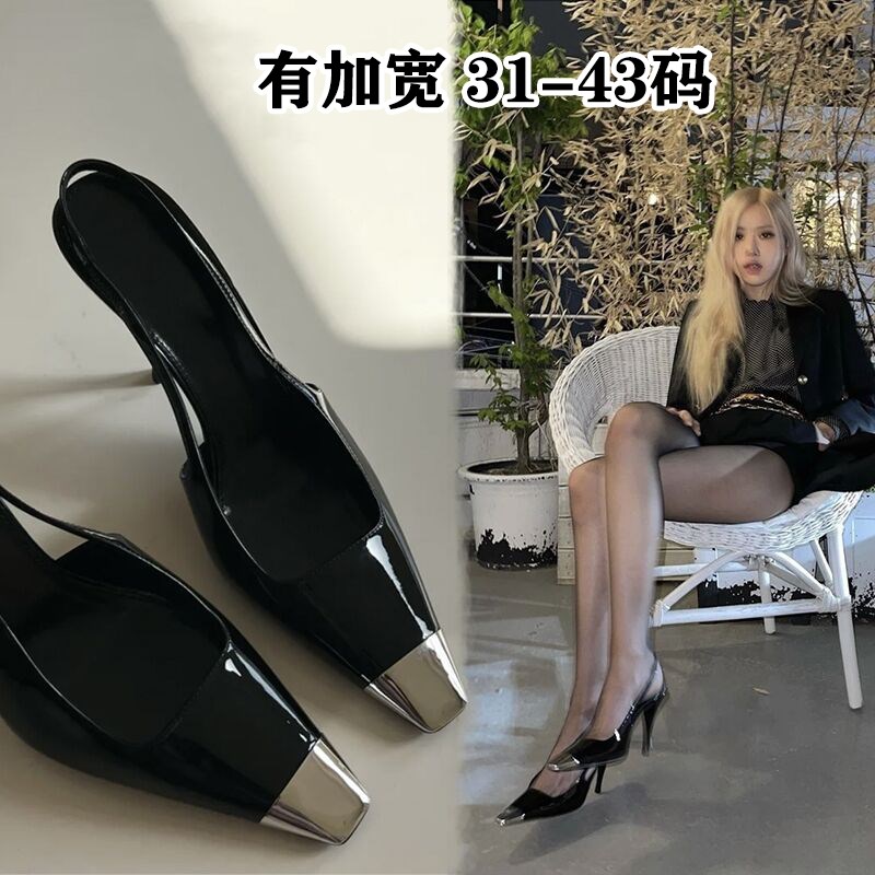 加宽大码高跟鞋41-43漆皮细跟凉鞋女包头半拖鞋小码女鞋313233夏