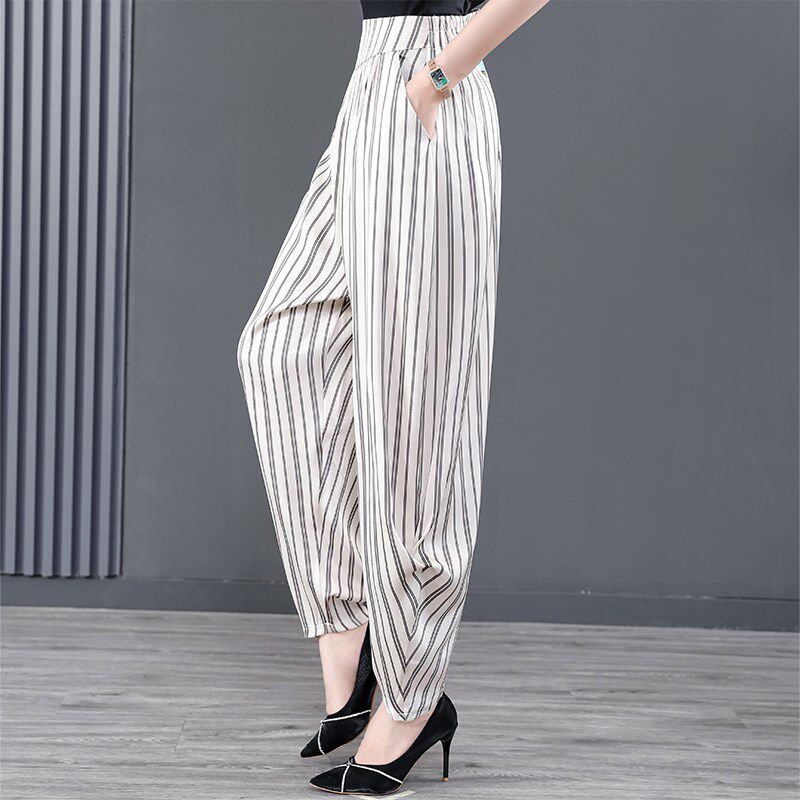 冰丝哈伦裤女高腰雪纺2025年夏季新款薄款灯笼条纹印花运动休闲裤