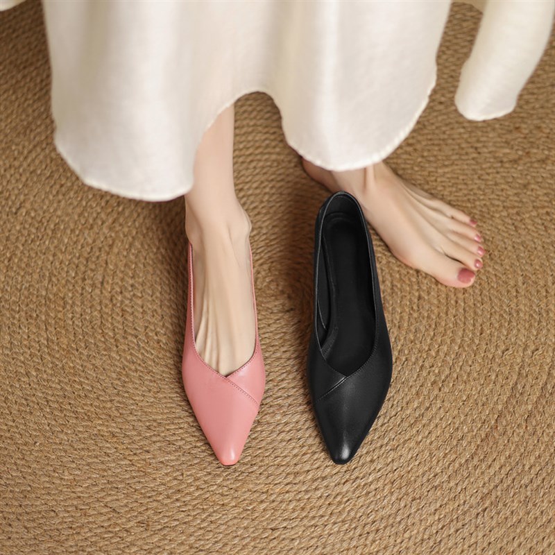 巨好看~粉色单鞋女m真皮牛皮尖头低跟平底气质百搭新品春夏4041码