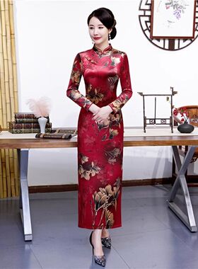 春秋款修身显瘦复古旗袍裙改良中年女长款妈妈装高贵春季婚宴礼服