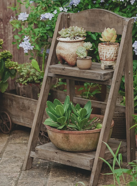 卡司双层梯形花架置物架实木美式复古做旧阳台多层落地式实木架子
