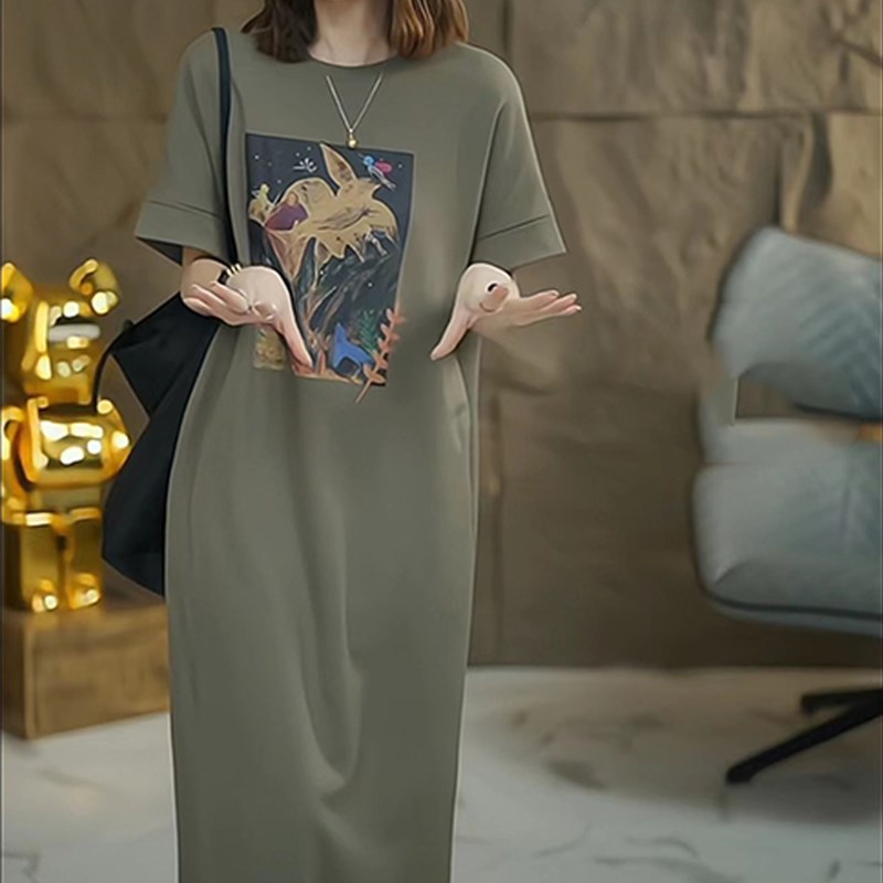 高级感韩版简约休闲长o款连衣裙女夏装气质小众印花宽松直筒T恤裙