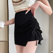 夏季 黑色孕妇短裙宽松q显瘦抽绳托腹裙褶皱不规则a字包臀半身裙薄
