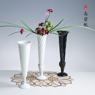 黑色高脚杯花瓶法式复古小原流花杯中式日式插花器皿禅意摆件装饰