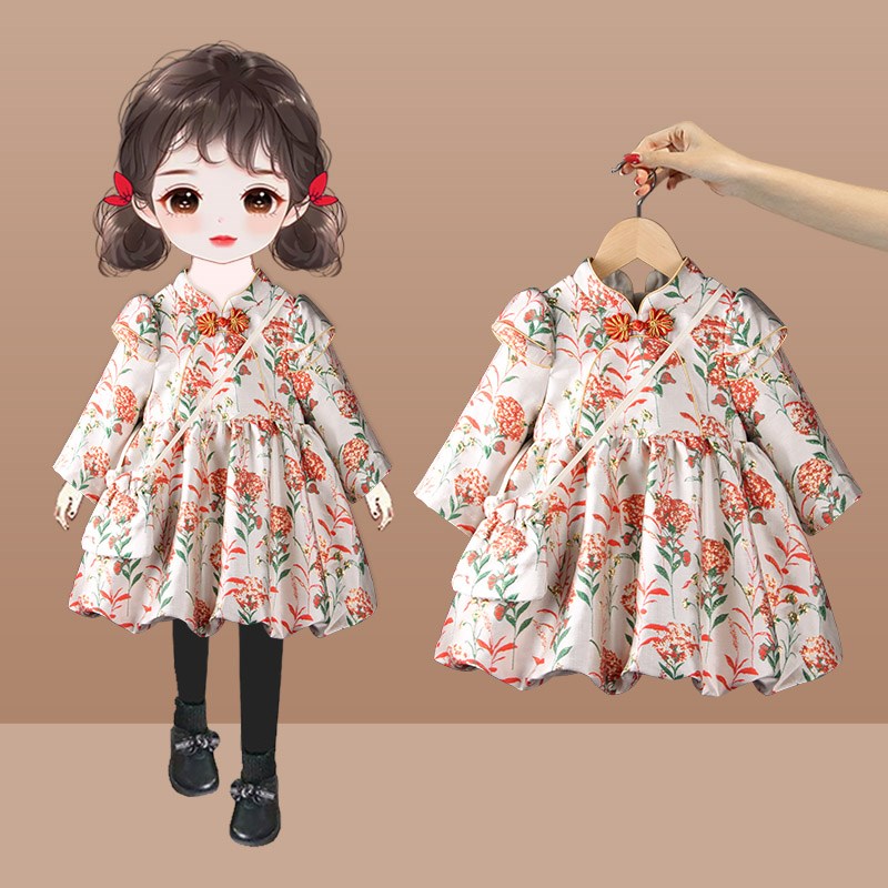 女童旗袍连衣裙2024秋装新款洋气新中式公主裙国风女宝宝周岁礼服