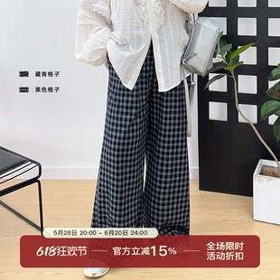 大码女胖MM蓝色复古格子休闲裤阔腿裤早春高腰慵懒风宽松直筒裤