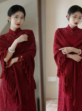 秋冬季红色围巾女针织开衫披肩妈妈结婚礼服喜婆婆婚宴旗袍的外搭