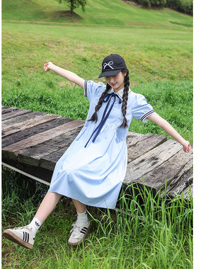 女大童连衣裙夏季2025新款学院风裙子青少年初中学生夏装过膝长裙