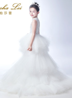 花童礼服女儿童拖尾婚纱女童公主A裙2021新款白色婚礼气质演出服