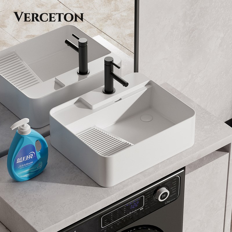 侧边下水带搓衣板台上洗手盆阳台洗衣机左右侧排水陶瓷搓洗衣服盆