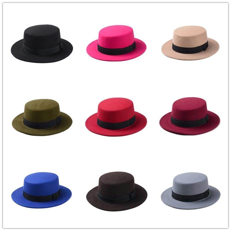 Women Flat Fedora Hat Jazz Hats 男女毛呢平顶礼帽英伦爵士帽