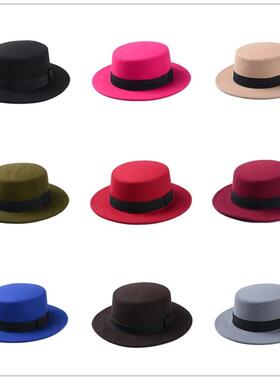 Women Flat Fedora Hat Jazz Hats 男女毛呢平顶礼帽英伦爵士帽
