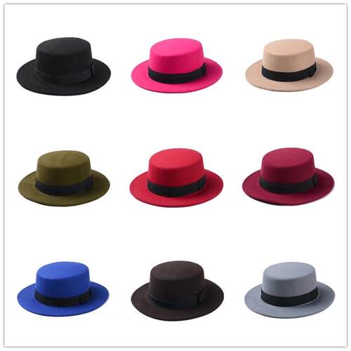 Women Flat Fedora Hat Jazz Hats 男女毛呢平顶礼帽英伦爵士帽