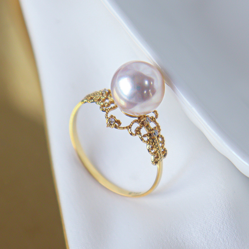 日本天然akoya海水珍珠戒指18K黄金镶嵌钻石天女级气质指环女