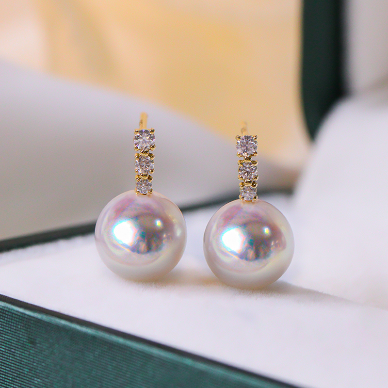 天王嫂同款日本akoya海水珍珠耳环18K金耳饰镶嵌钻石耳钉正圆强光