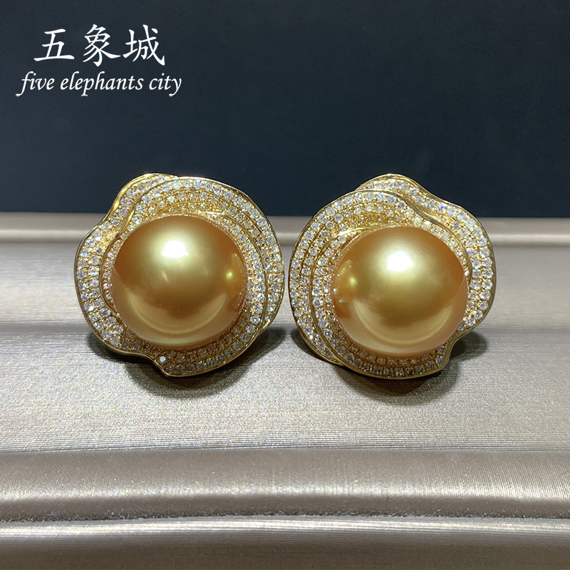 进口南洋金珠珍珠耳环正圆无瑕强光海水珍珠耳钉18K金钻石豪华