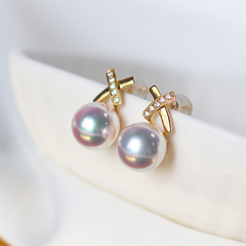 日本Akoya天然海水珍珠耳钉耳环M家同款18K黄金钻石耳饰天女镶嵌