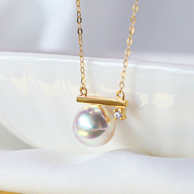 T家平衡木日本天然海水akoya珍珠吊坠项链18K金钻石锁骨链天女级