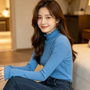 深蓝色时尚毛衣打底衫女秋冬修身蓝色内搭立领针织衫女半高领上衣
