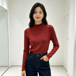 高级感半高领打底衫女装时尚秋冬内搭毛衣针织韩版复古砖红色上衣