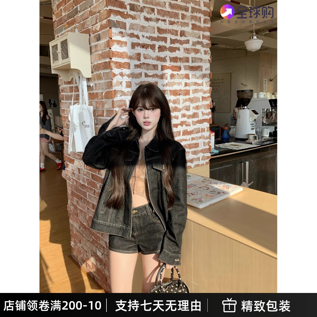 日本代购复古翻领拉链牛仔外套女2025秋季新款高腰短裤两件套套装