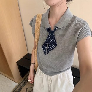 sly 短袖 代购 polo领波点丝巾针织衫 背心上衣 t恤女短款 冰丝无袖