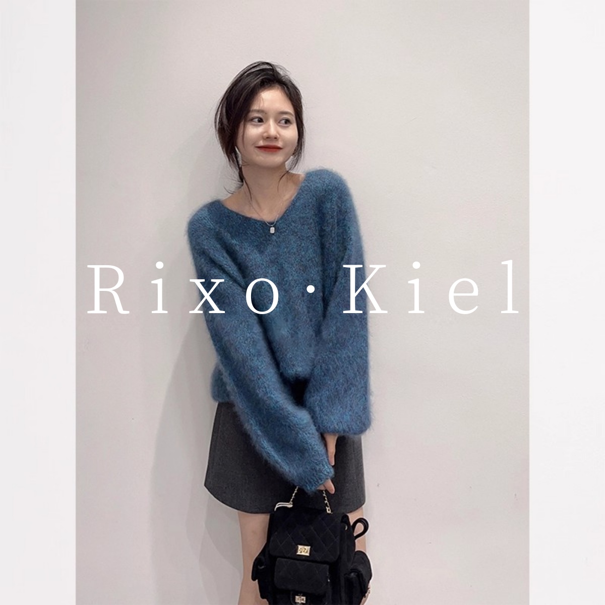 法国Rixokiel蓝色v领马海毛毛衣