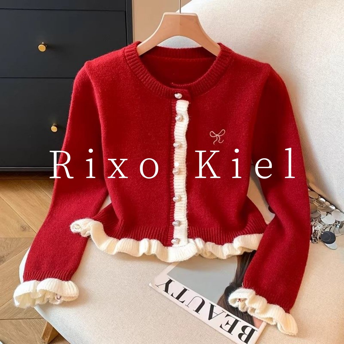 法国Rixo kiel蝴蝶结绣花假两件针织开衫女秋冬拼色短款外套上衣,女装/女士精品,毛针织衫,淘宝优惠券,粉丝福利购,淘宝优惠卷