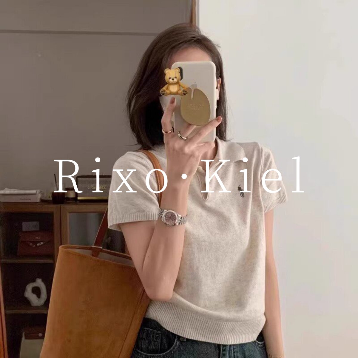 法国Rixo kiel杏色小马刺绣polo领针织短袖t恤女夏季正肩短款上衣