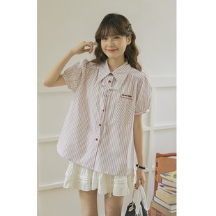 原野空间GRASS SPACE 粉色条纹蝴蝶结短袖衬衫女夏季休闲 衬衣上