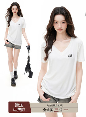 iiiamX白色V领正肩T恤女夏季内搭打底衫宽松短袖美式上衣2026新款