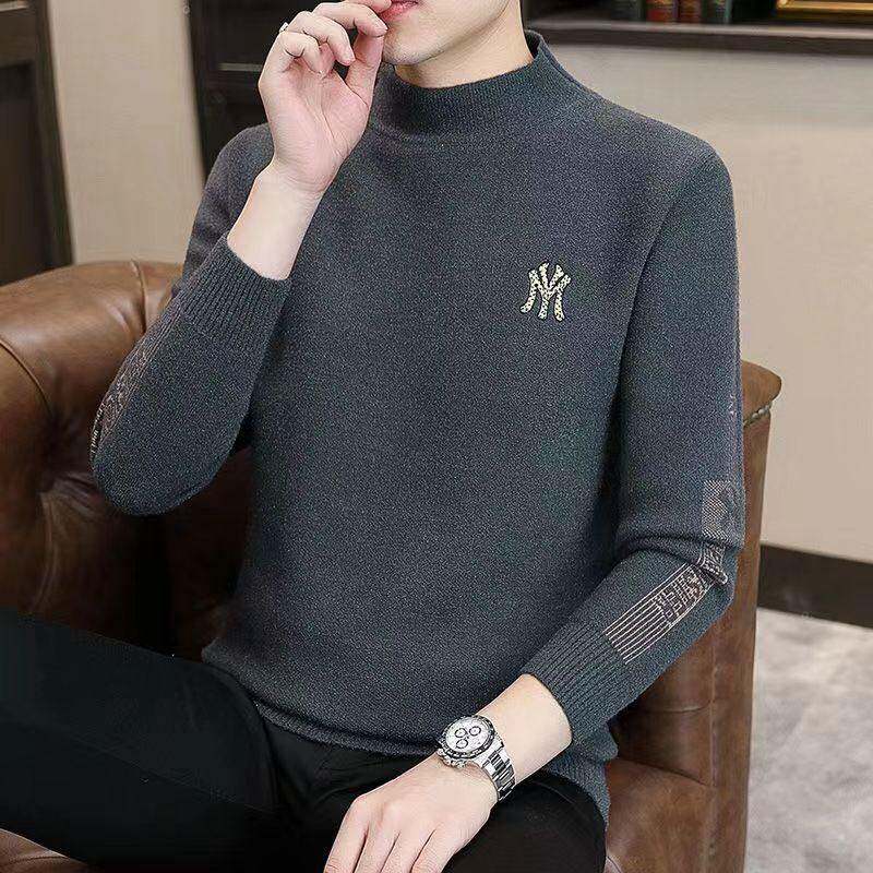 半高领毛衣男秋冬季加厚潮流羊绒内搭保暖休闲刺绣修身男士打底衫