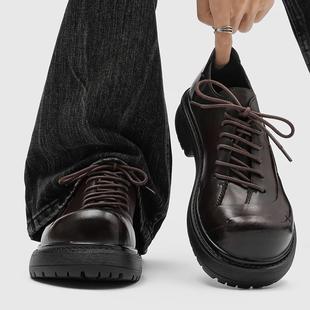 覆古风皮鞋秋季新款斜系带设计真皮增高厚底大头通勤男女款德比鞋