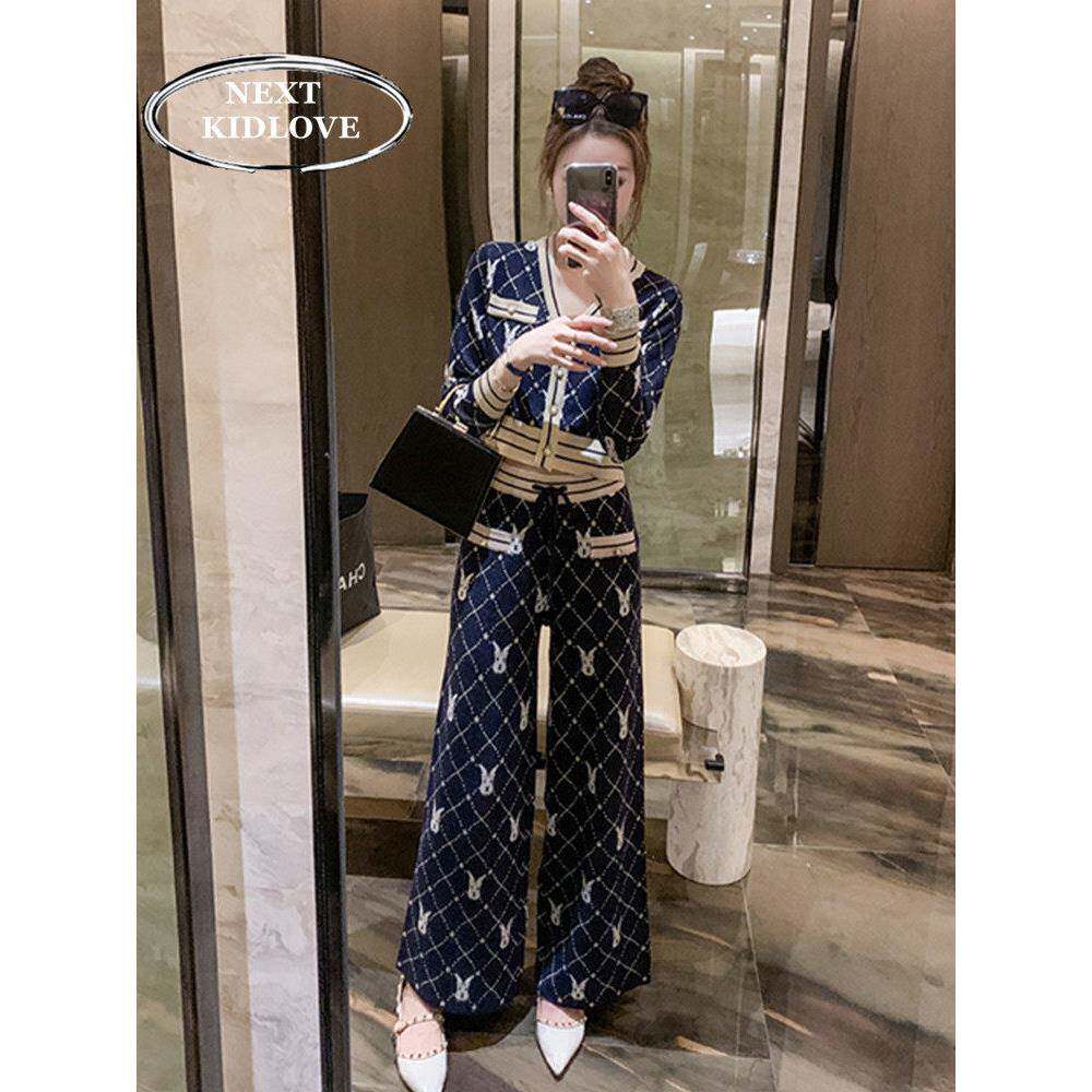 香港春秋2025新款小香风法式针织外套阔腿裤两件套女名媛风套装潮