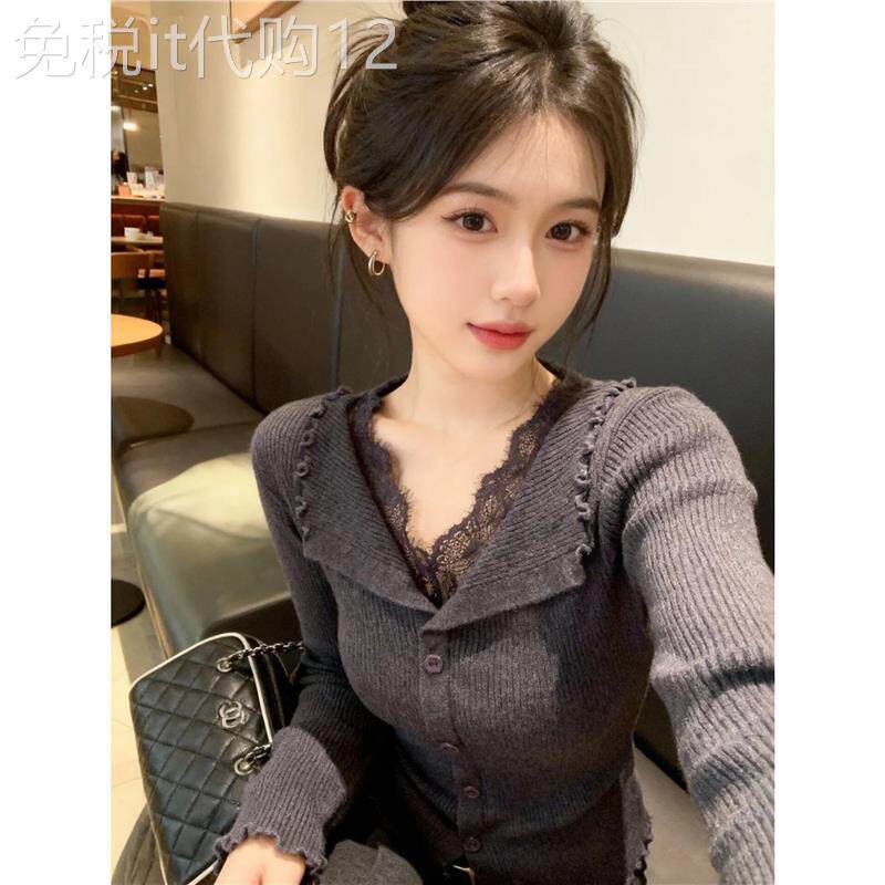 黑色V领蕾丝边修身针织衫毛衣女款2025新款冬季穿搭内搭打底上衣
