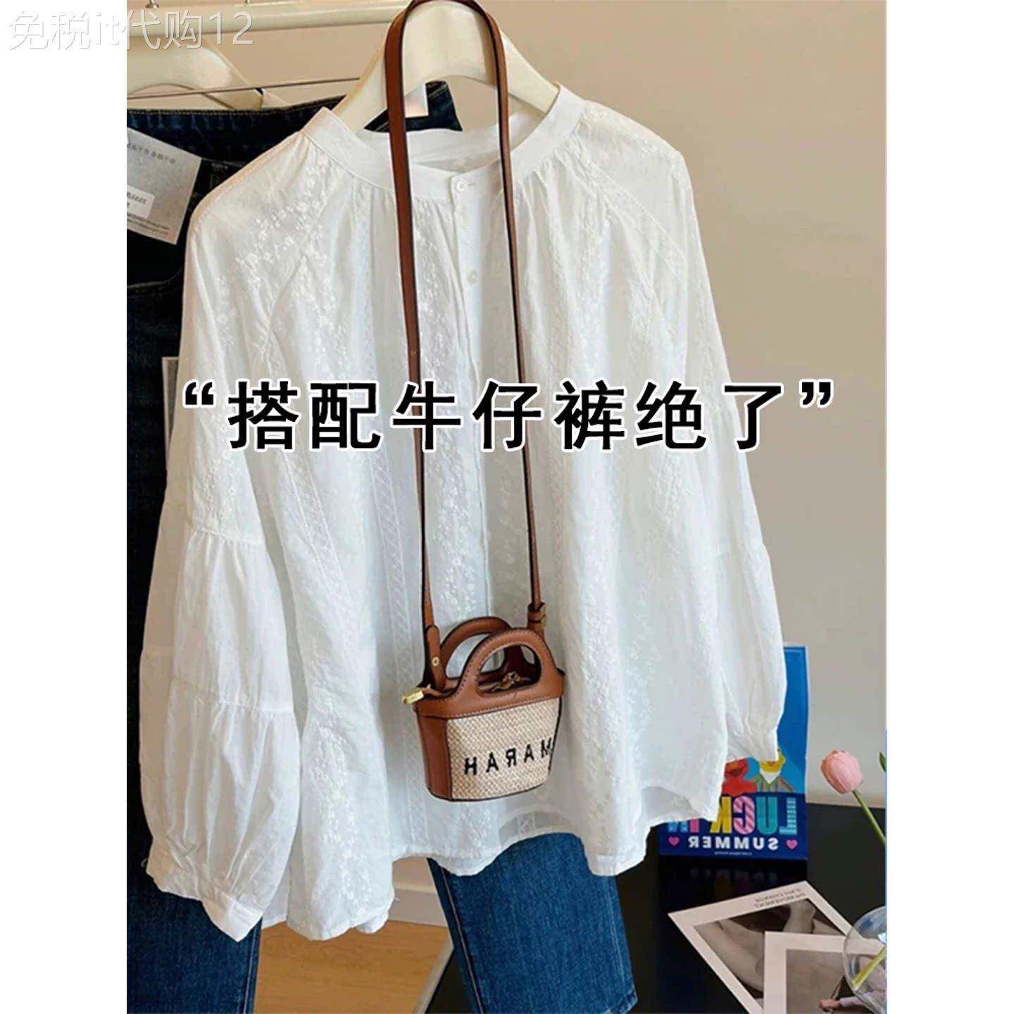 法式白色刺绣圆领衬衫女装2026秋季新款搭打底显瘦泡泡袖衬衣上衣