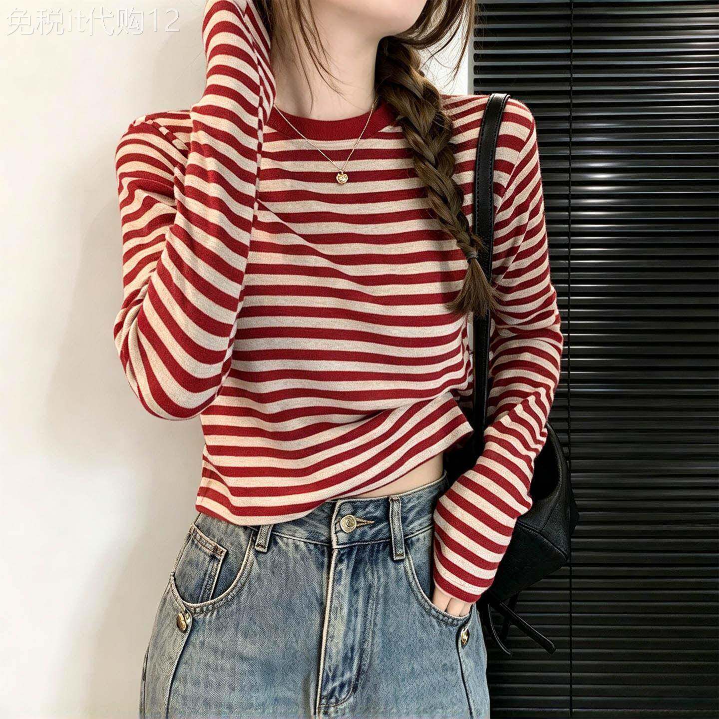 红白条纹圆领长袖针织衫女春秋欧货韩版修身显瘦打底衫减龄上衣潮