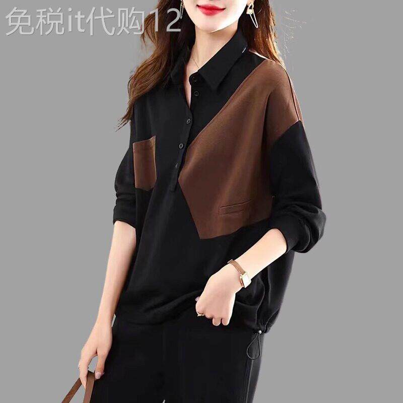 时尚潮流宽松百搭洋派减龄撞色厚棉T女士2025秋冬季新款休闲 上衣