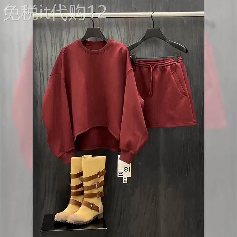 慵懒卫衣套装2025减龄穿搭小个子又a又飒安可拉红套头卫衣套装裙