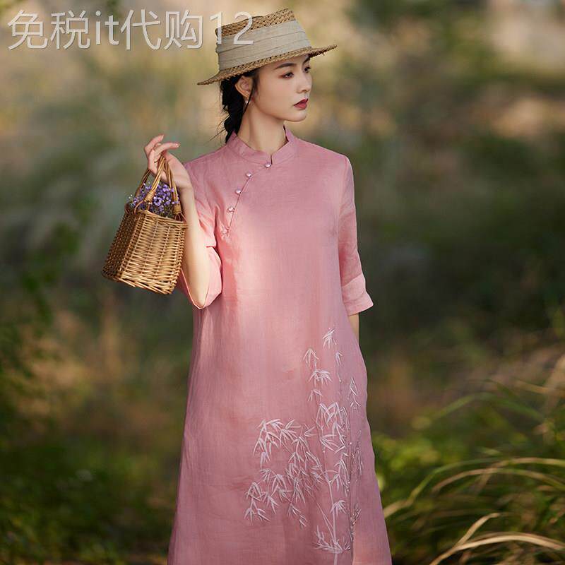 高端复古民国改良刺绣中式旗袍连衣裙苎麻中国风禅意女装茶服女夏
