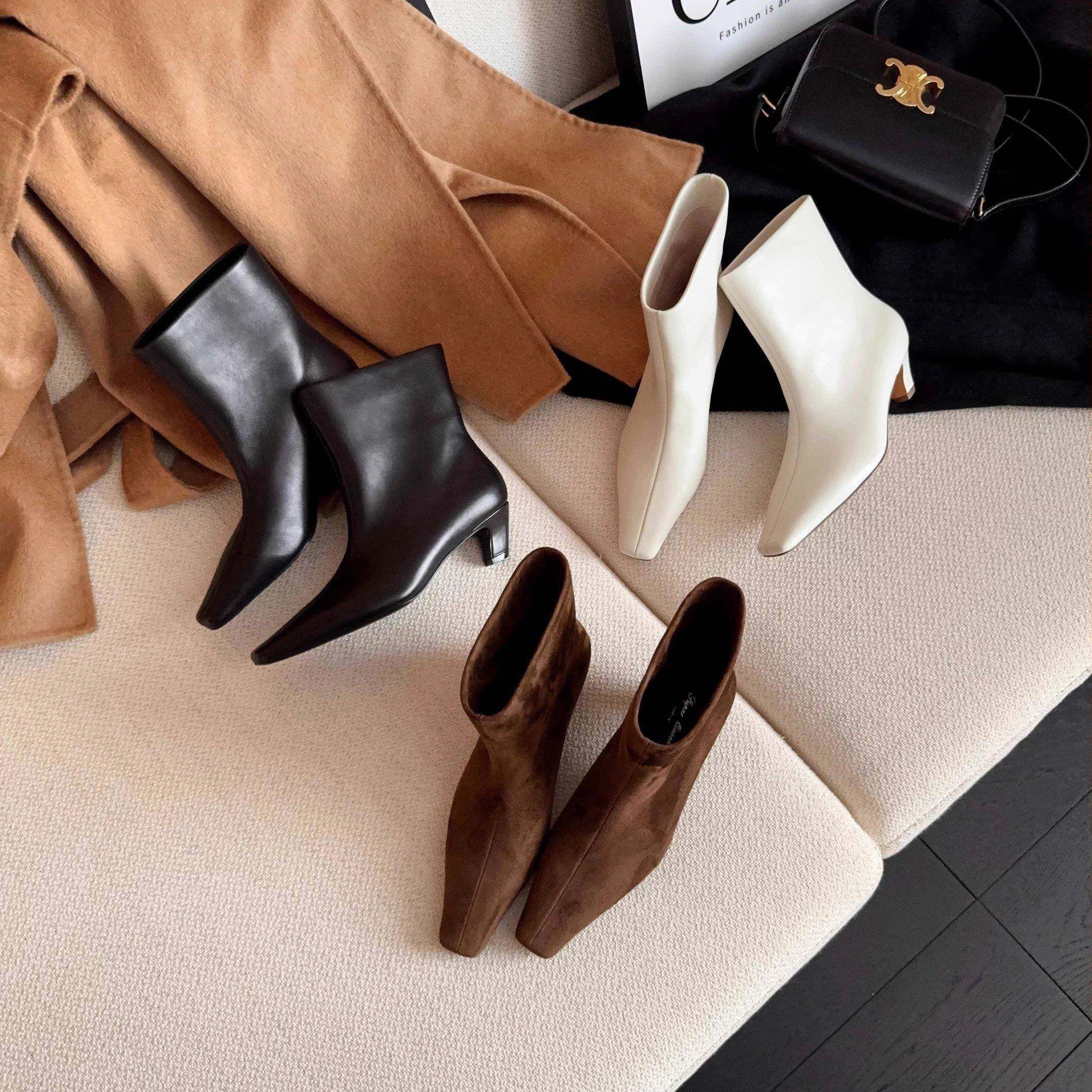 香港羊皮气质白色短靴女秋冬季2024新款高跟裸靴软皮小方头及踝靴