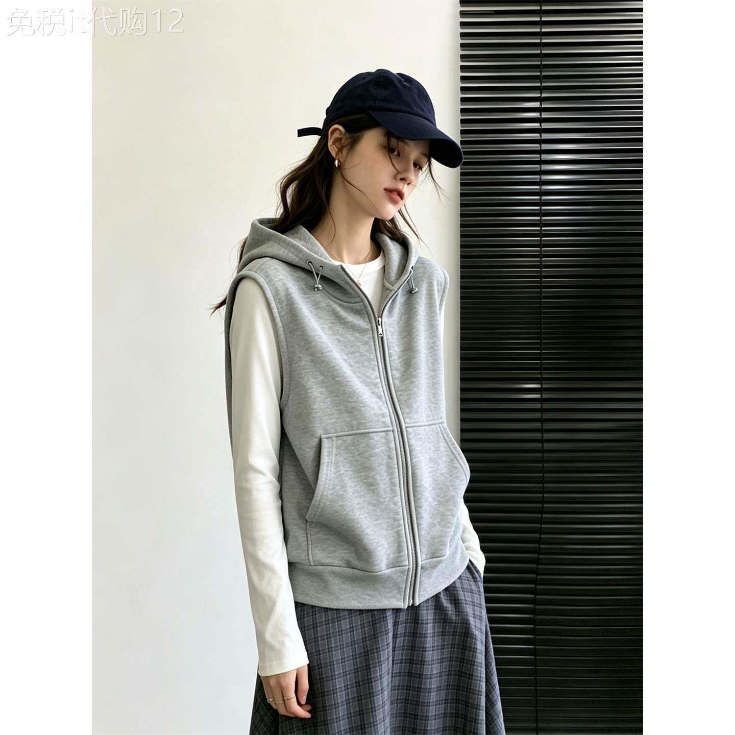 灰色连帽拉链马甲女春秋欧货学院风修身显瘦叠穿背心马夹开衫上衣